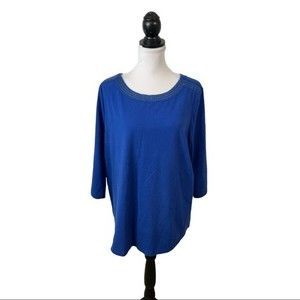 Denim & Co Knit Top Plus Size 2X Blue Tunic Top Sequin Neckline Cotton Stretch